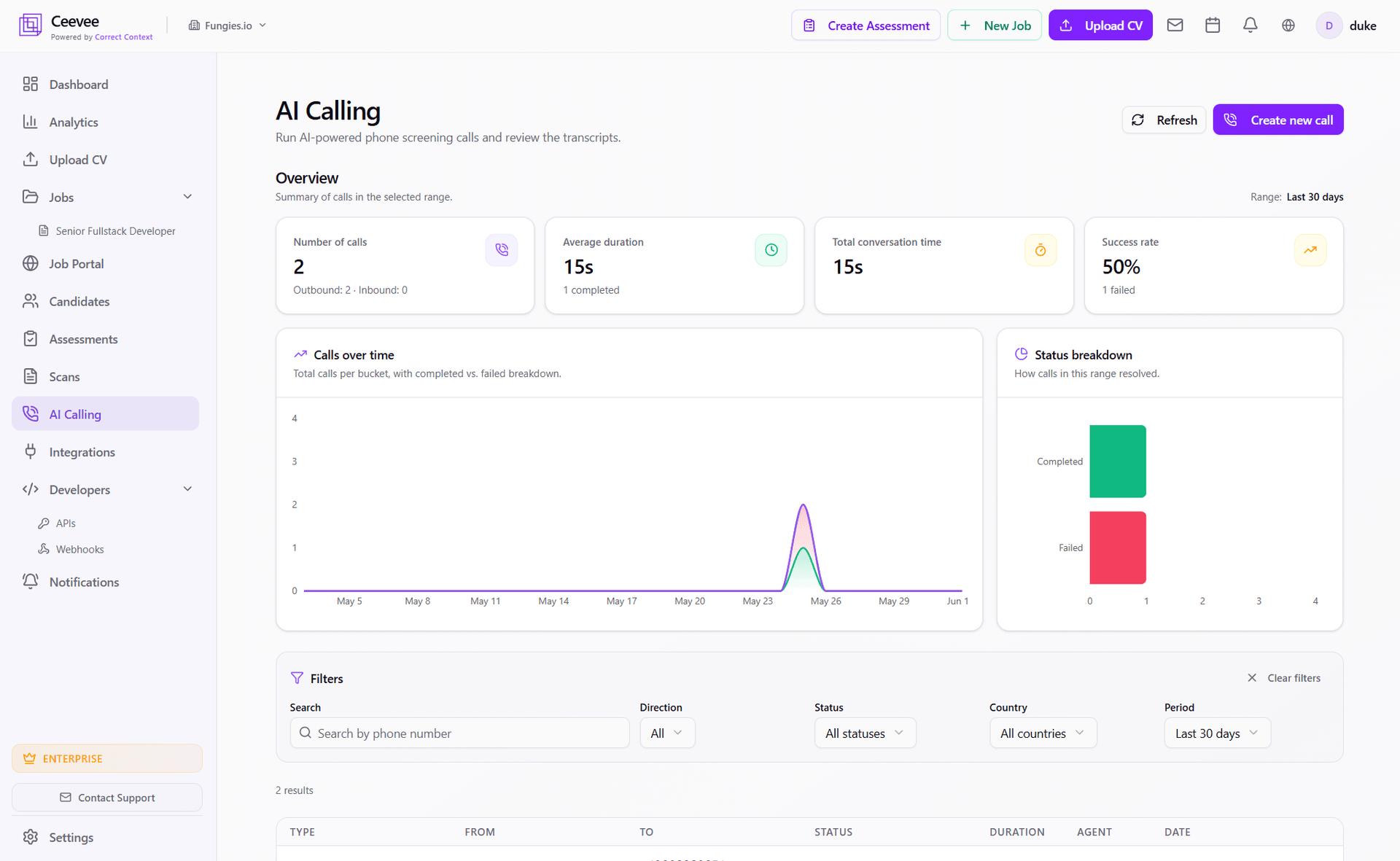 AI Calling dashboard with call details, transcript and audio player