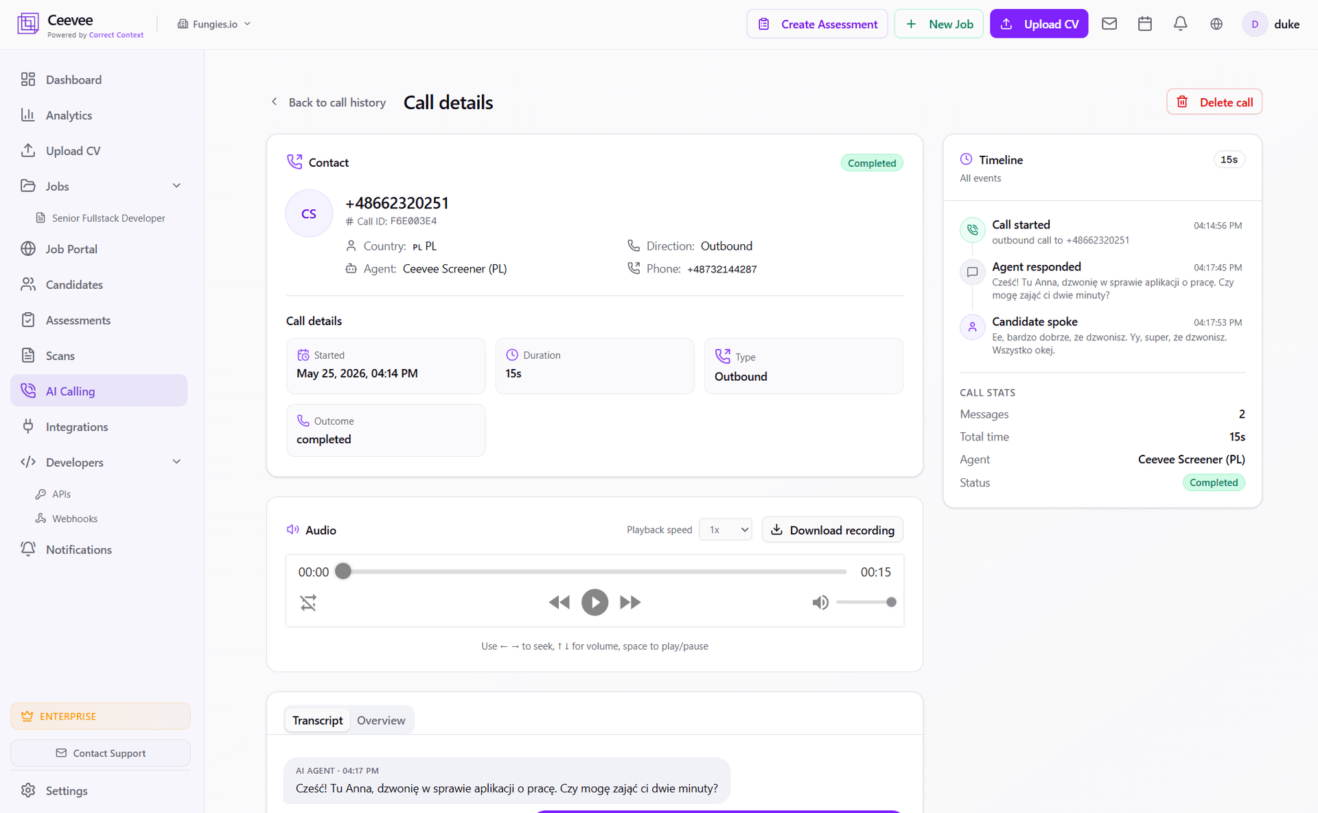 Call details view with timeline, audio player and transcript