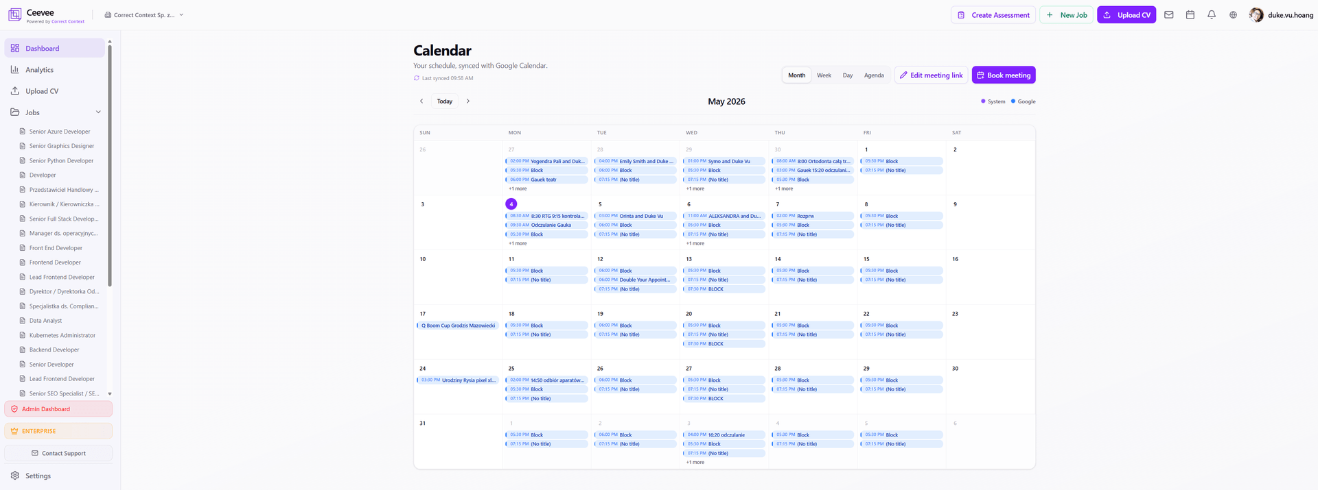 Ceevee calendar synced with Google Calendar showing interview blocks