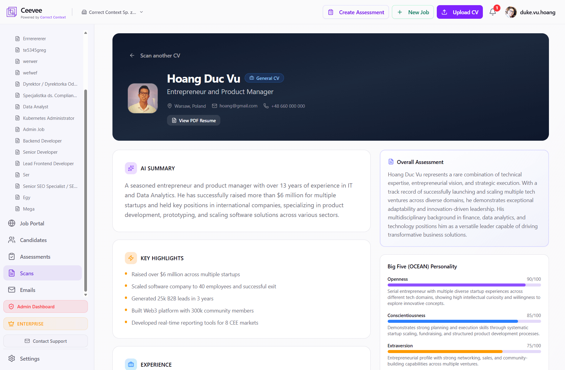 AI parsed candidate profile with skills, experience and match score