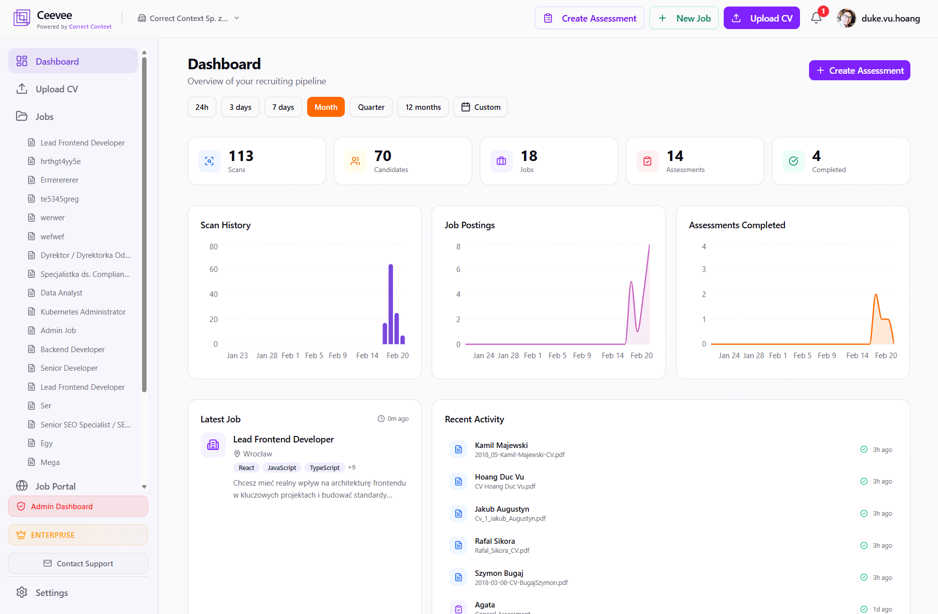 Recruiter dashboard with hiring pipeline and KPIs