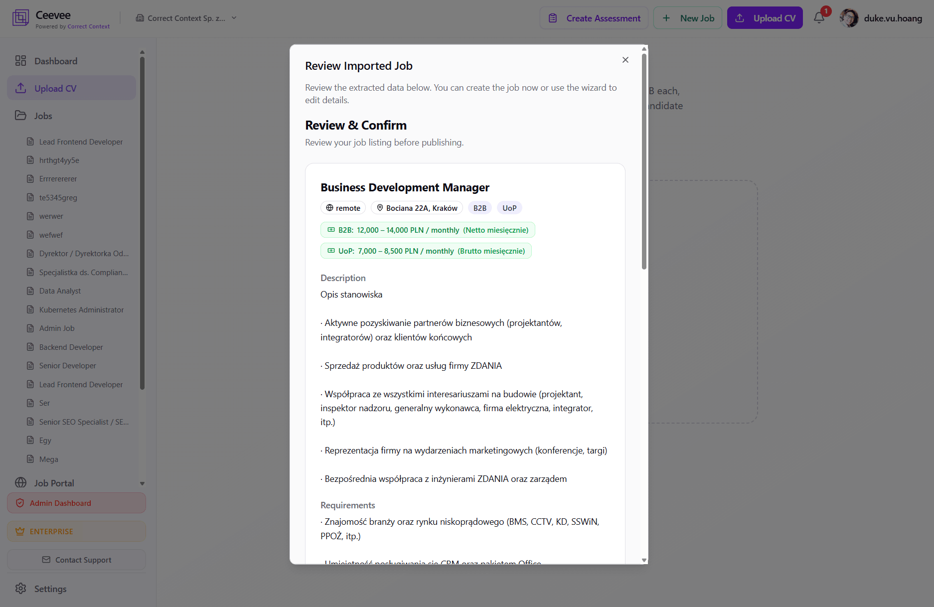 Ceevee AI Job Creator drafting a structured job posting