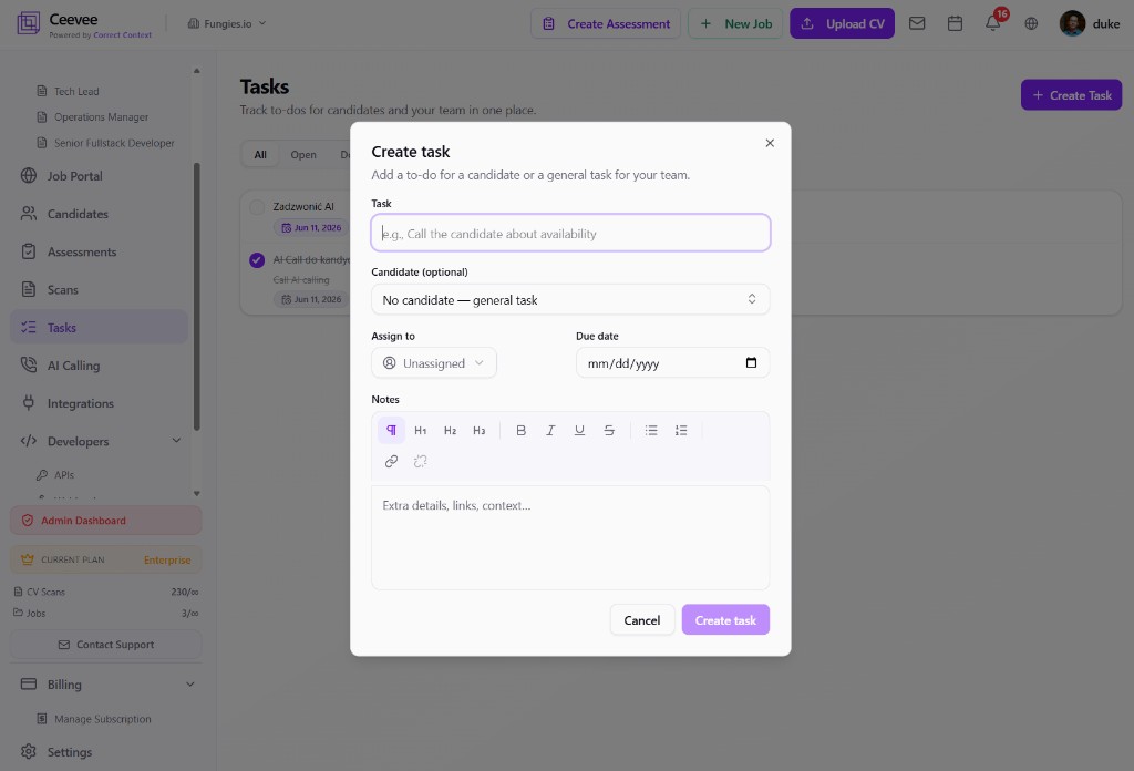 Ceevee create task modal with candidate, assignee and due date fields