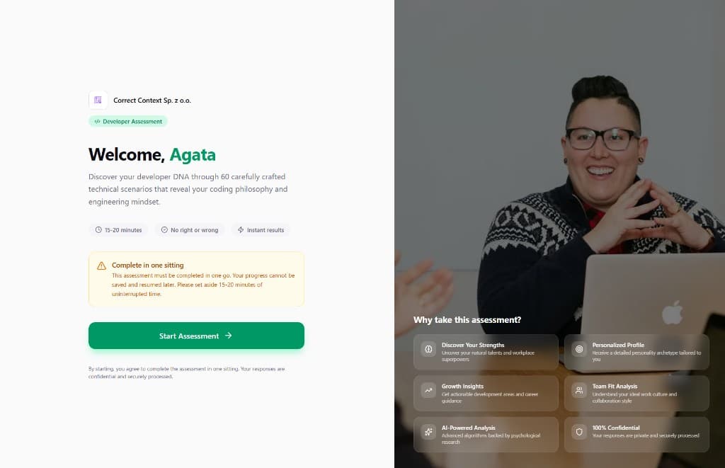Candidate-facing assessment welcome page