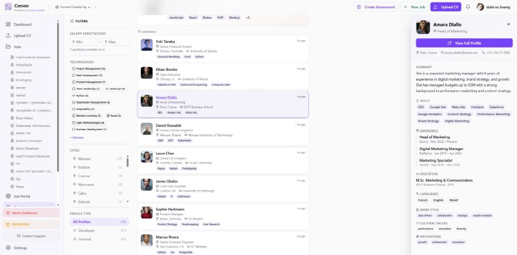 Candidate list with filters and quick preview panel
