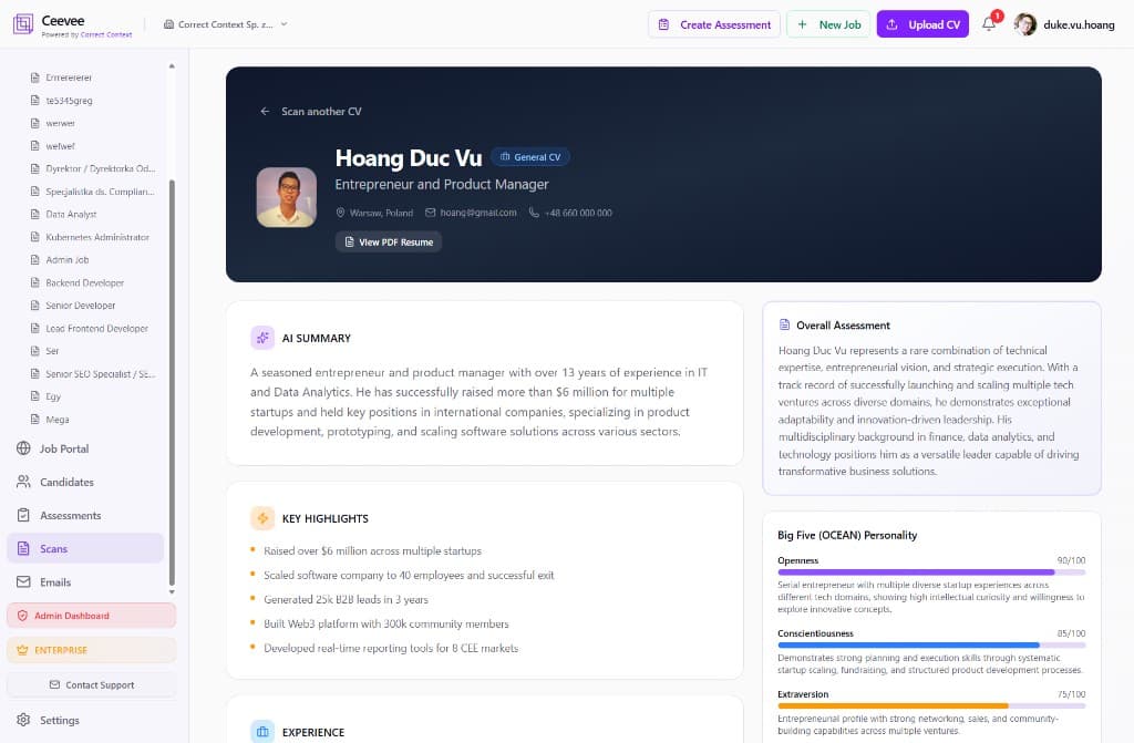 AI-generated candidate profile with summary and personality assessment