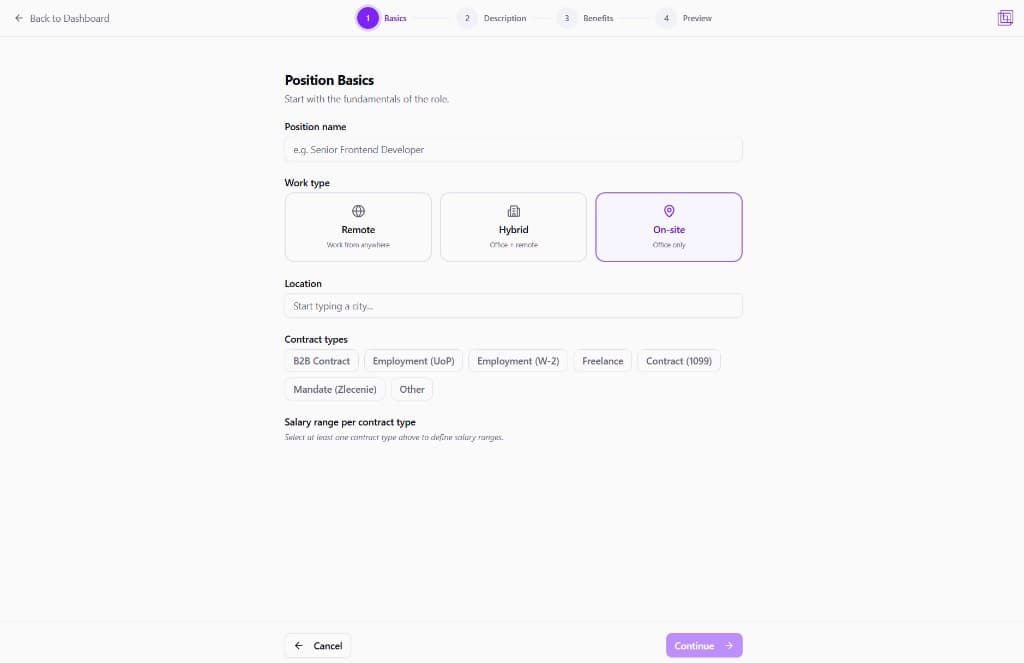 Job creation wizard with position basics form
