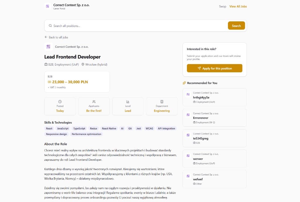 Job details page with salary, skills, and apply button