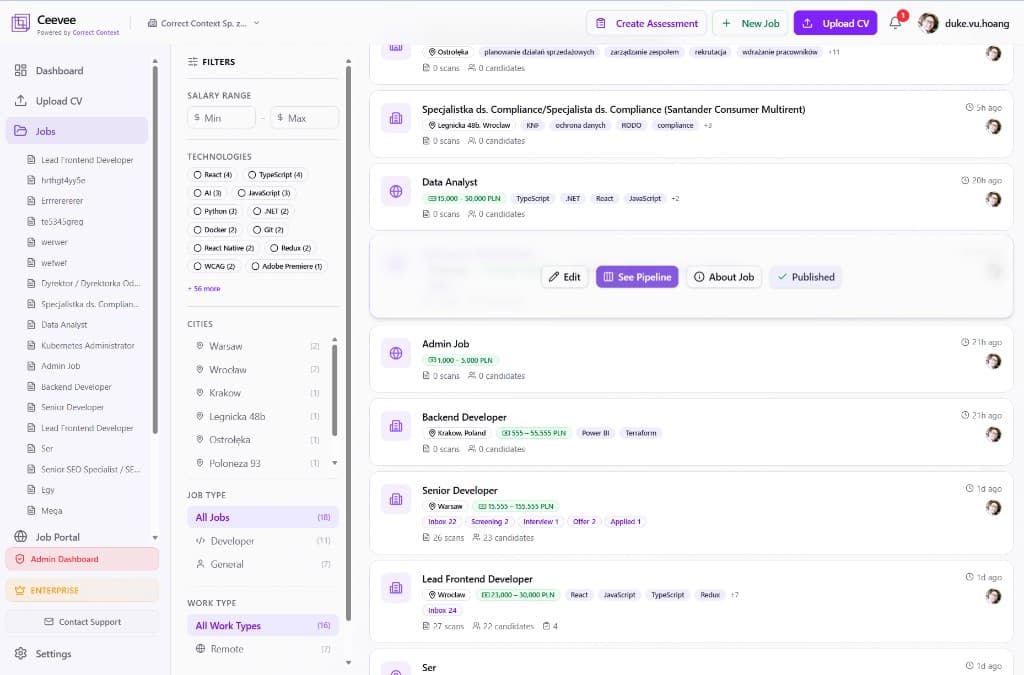 Jobs list with filters and quick action toolbar