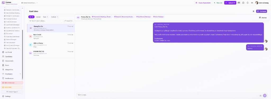 Email inbox with conversation threads, filters and reply box